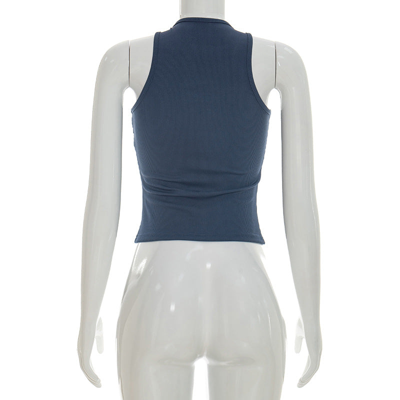 Women Solid  Letters Printing Thread Sleeveless Vest