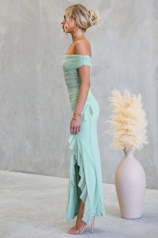 Dubai Split Ruffled Solid Color Hollow Out Cutout Mesh Sheath Dress