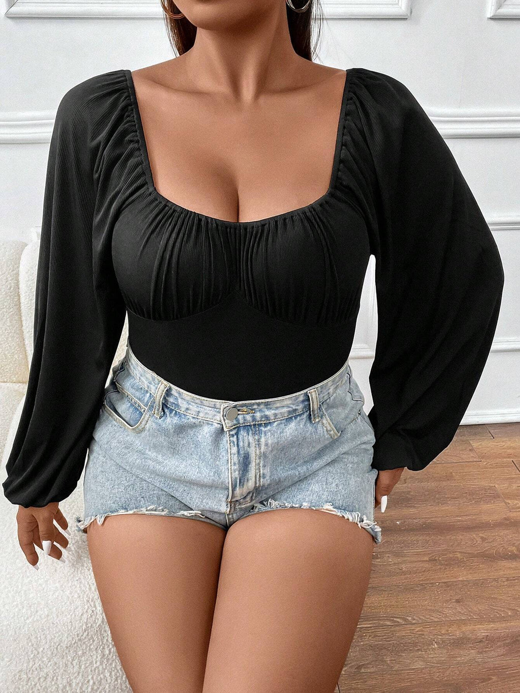 Plus Size Women Clothes Slim Fit Slimming Puff Sleeve Long Sleeve Sexy Jumpsuit