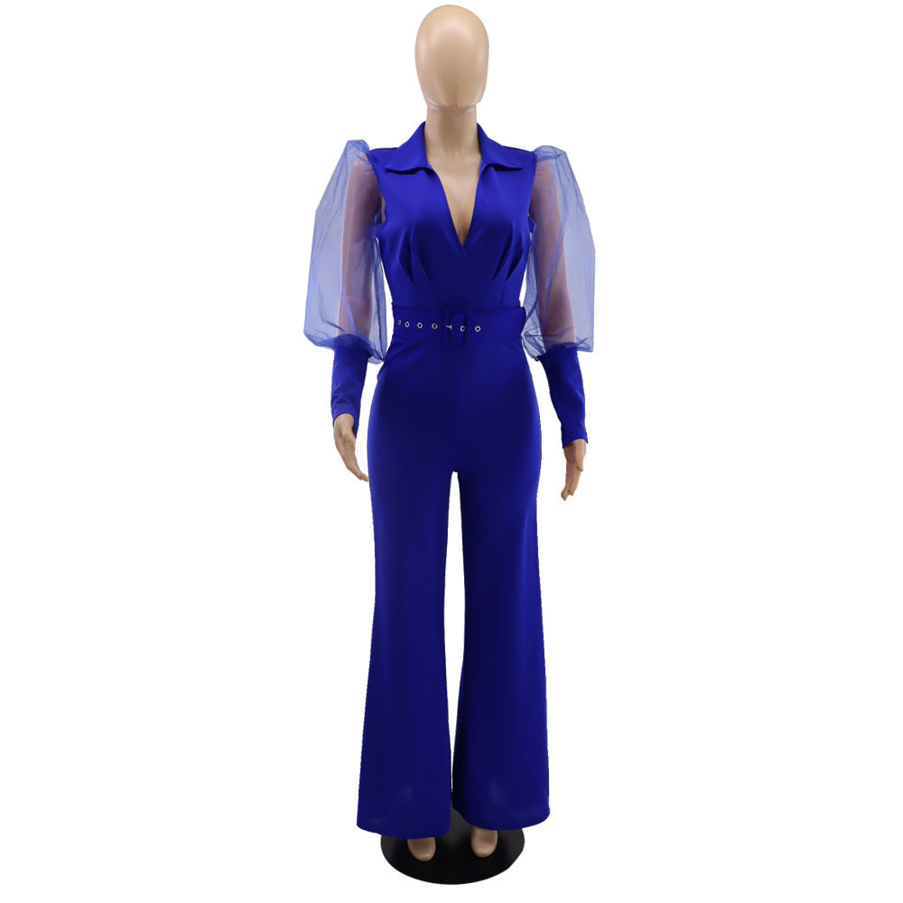 V-neck Mesh Puff Sleeve Special Women Clothing Loose Flared Jumpsuit