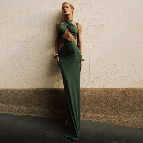 Danville Stitching Sexy Hollow Out Cutout out Solid Color Slim Fit Sheath Fishtail Dress