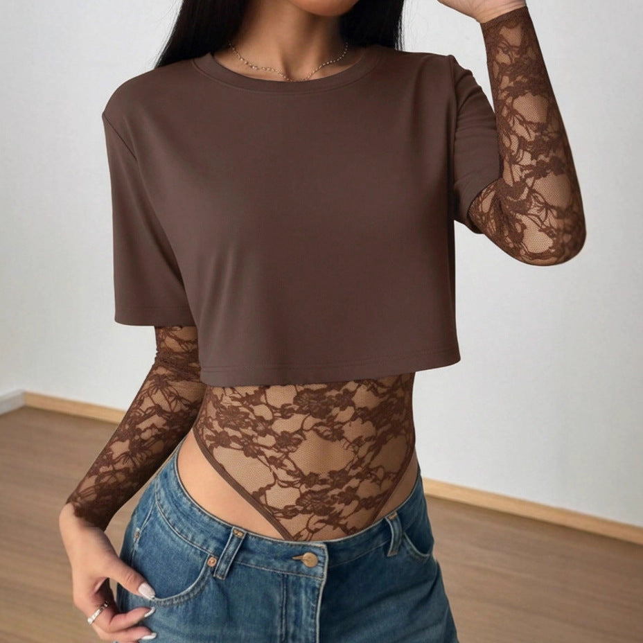 Solid Cropped Outfit Slim Lace  Sleeve