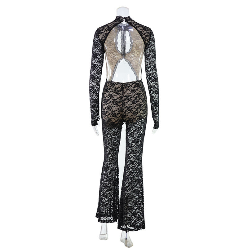 Women Clothing Sexy Lace Stitching Hollow Out Cutout out See through Girls One Piece Jumpsuit Horn Length