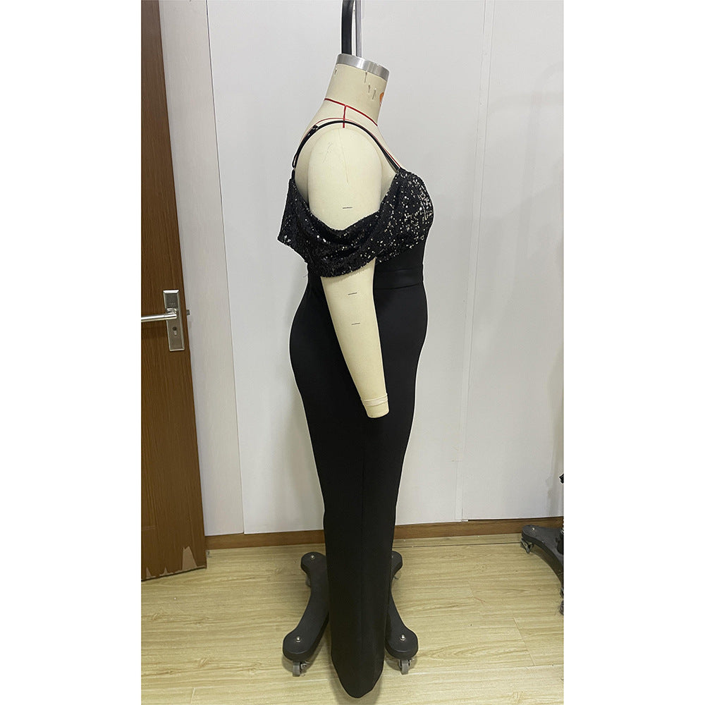 Plus Size Spring Sexy Jumpsuit Plump Girls Slim Fitting Patchwork Sequined Jumpsuit
