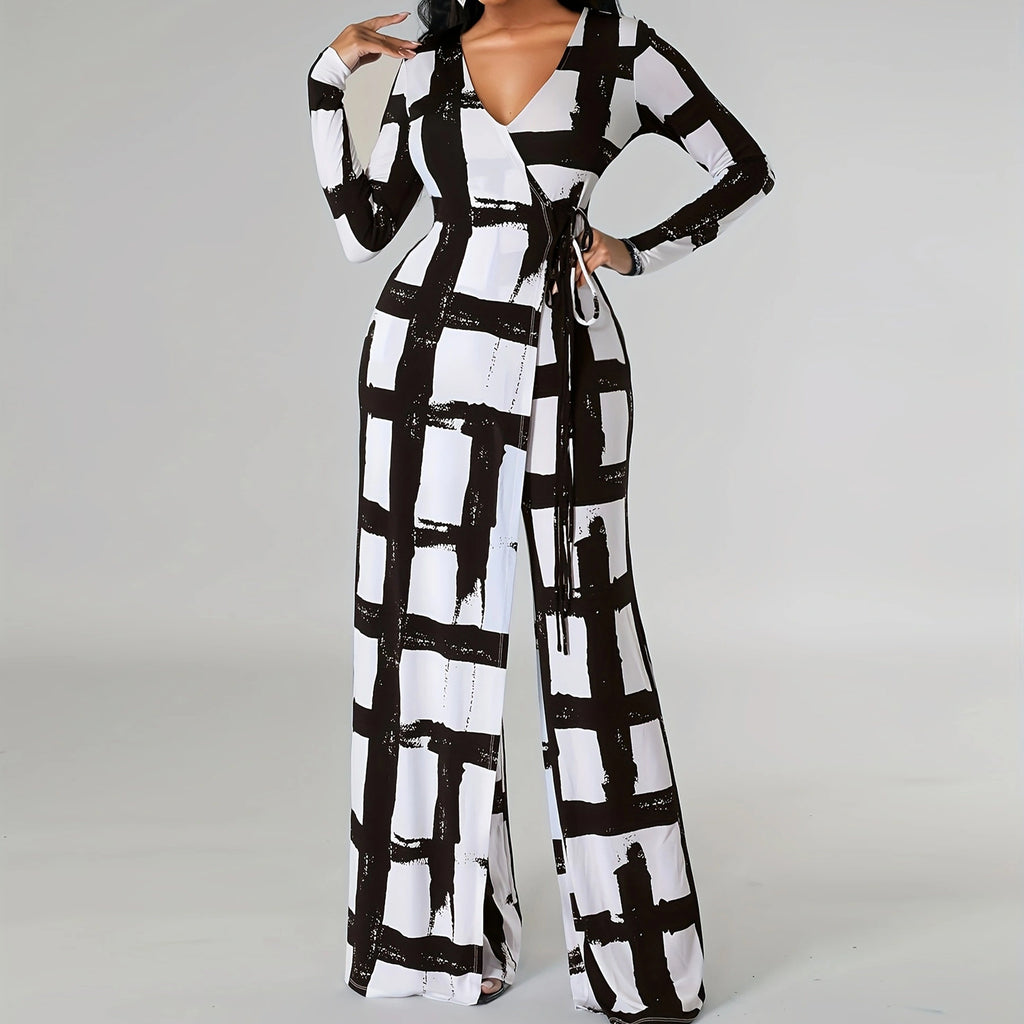 Plus Size Women Clothing V Neck Elements Printed Long Sleeve Loose Jumpsuit