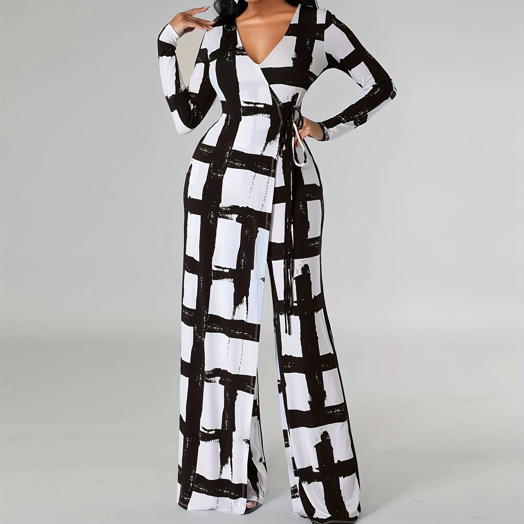 Plus Size Women Clothing V Neck Elements Printed Long Sleeve Loose Jumpsuit