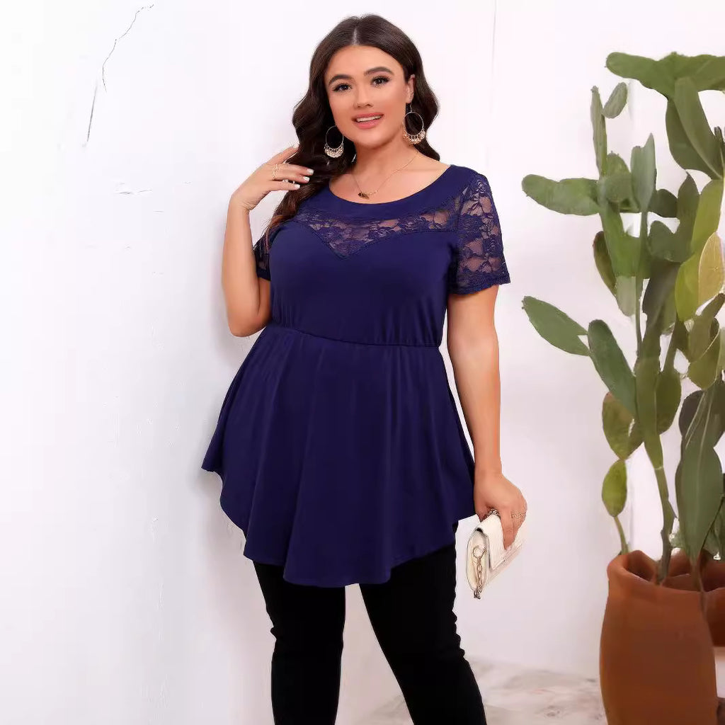 Plus Size Women Elastic Lace Patchwork Waist Slimming Round Neck Short Sleeve Top