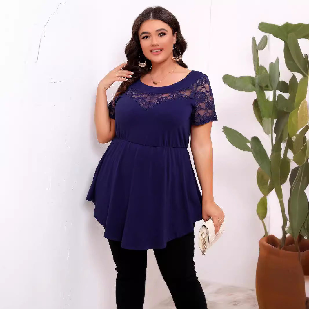 Plus Size Women Elastic Lace Patchwork Waist Slimming Round Neck Short Sleeve Top