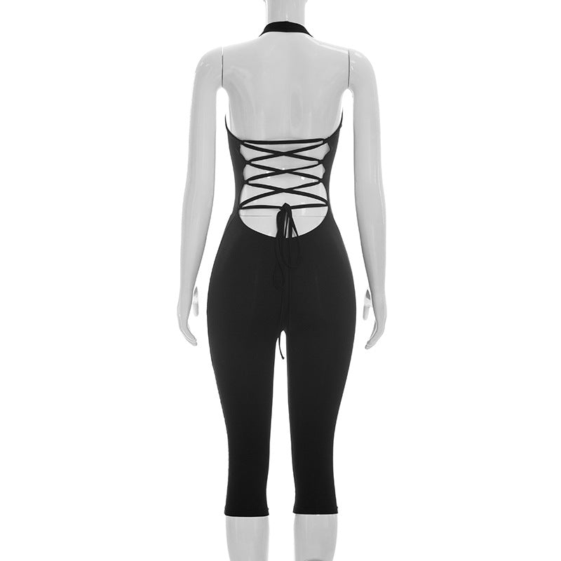 Women Clothing Summer Solid Color Sexy Sleeveless Backless Lace up Halter Cropped Long Conjoined Trousers