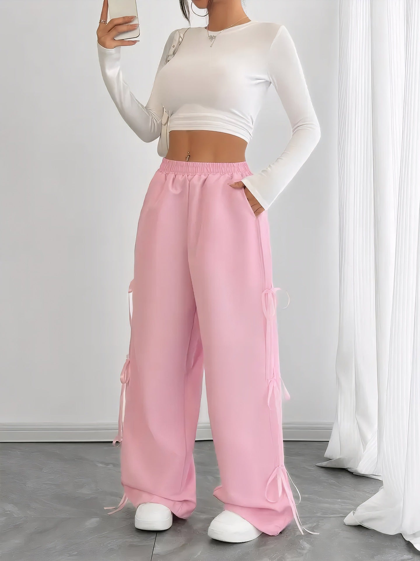 Summer Girls Bow Quick-Dry Pants Straight Slimming Small Drooping Wide Leg Pants Women Summer Thin