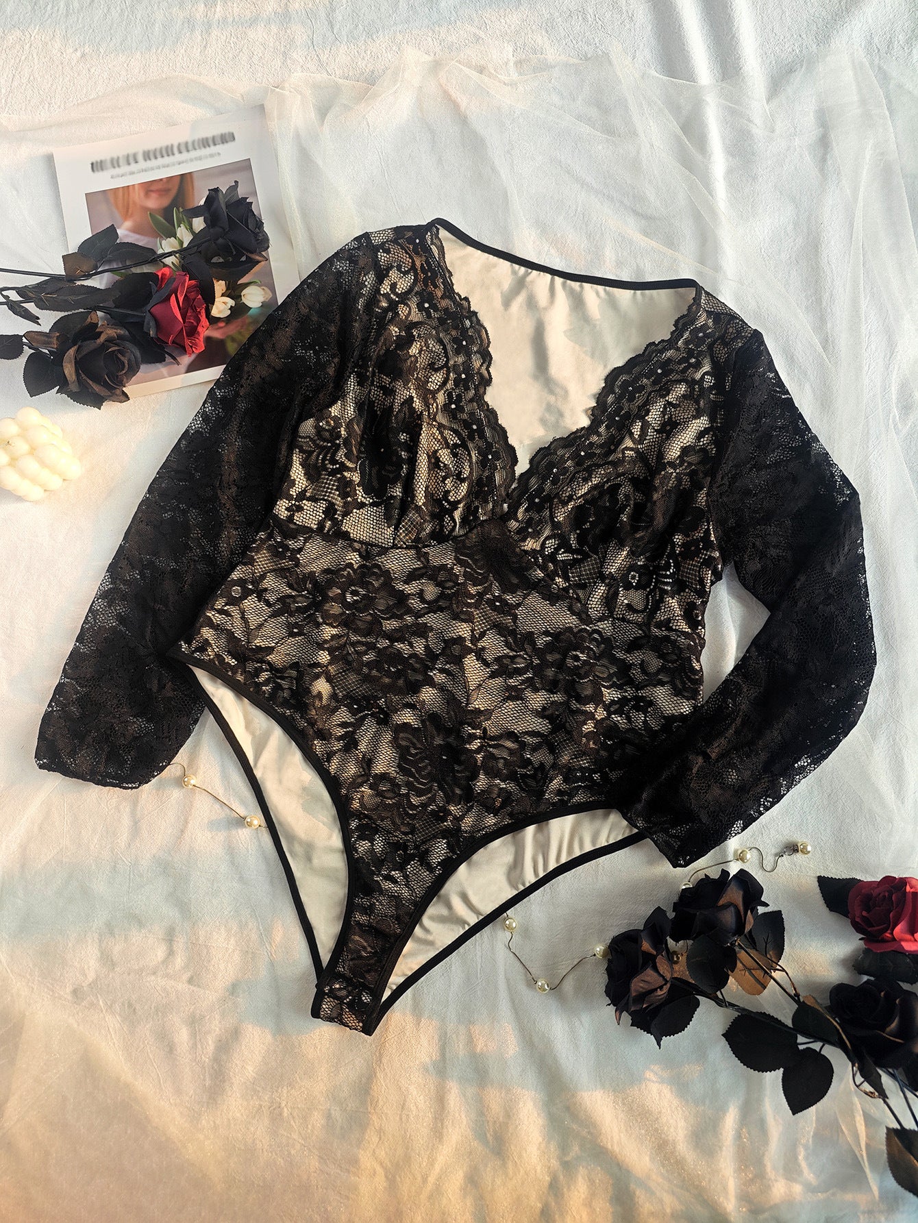 Girl V neck Lace Sexy See through Slim