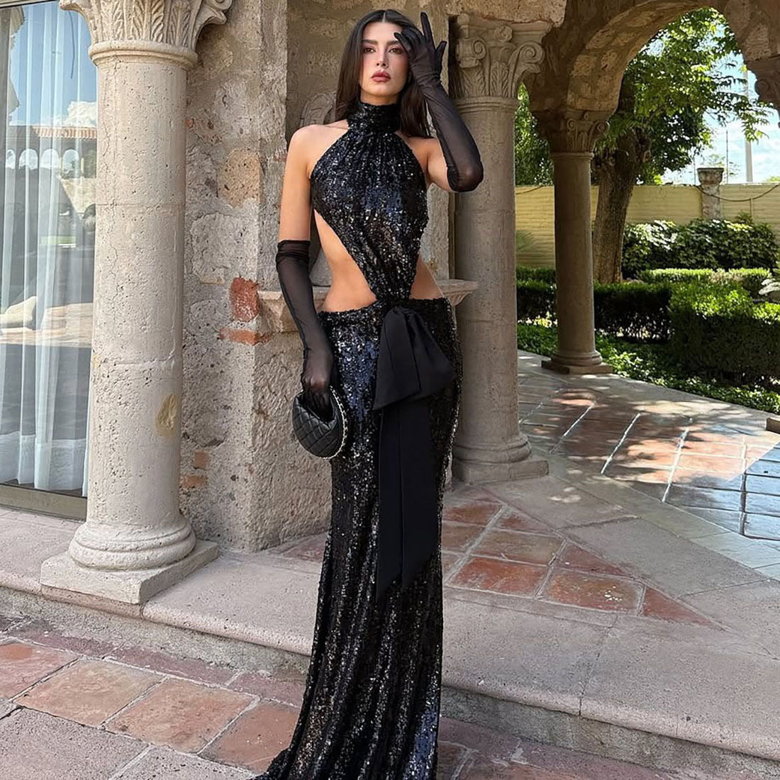 Saona Backless Hollow Out Cutout out Stitching Maxi Dress