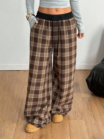 Autumn Winter Retro Loose Plaid Mid Waist Lace up Casual Wide Leg Pants