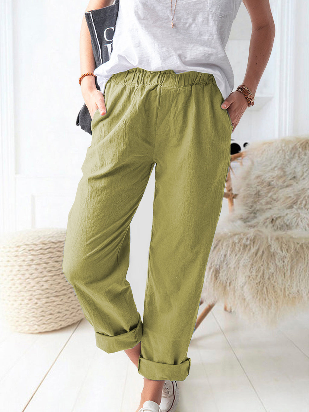Summer Dried Shrimp Women Casual Elastic Straight Leg Trousers