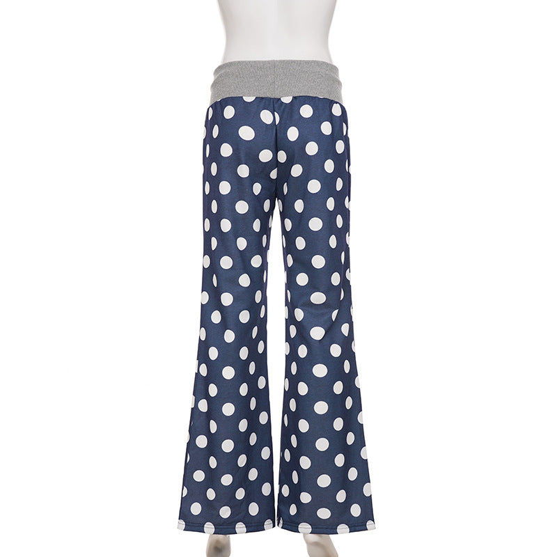 Idle Casual Trousers Polka Dot Print Contrast Color Lace up Loose Straight Walking Pants Comfortable Home Wear Pajama Pants