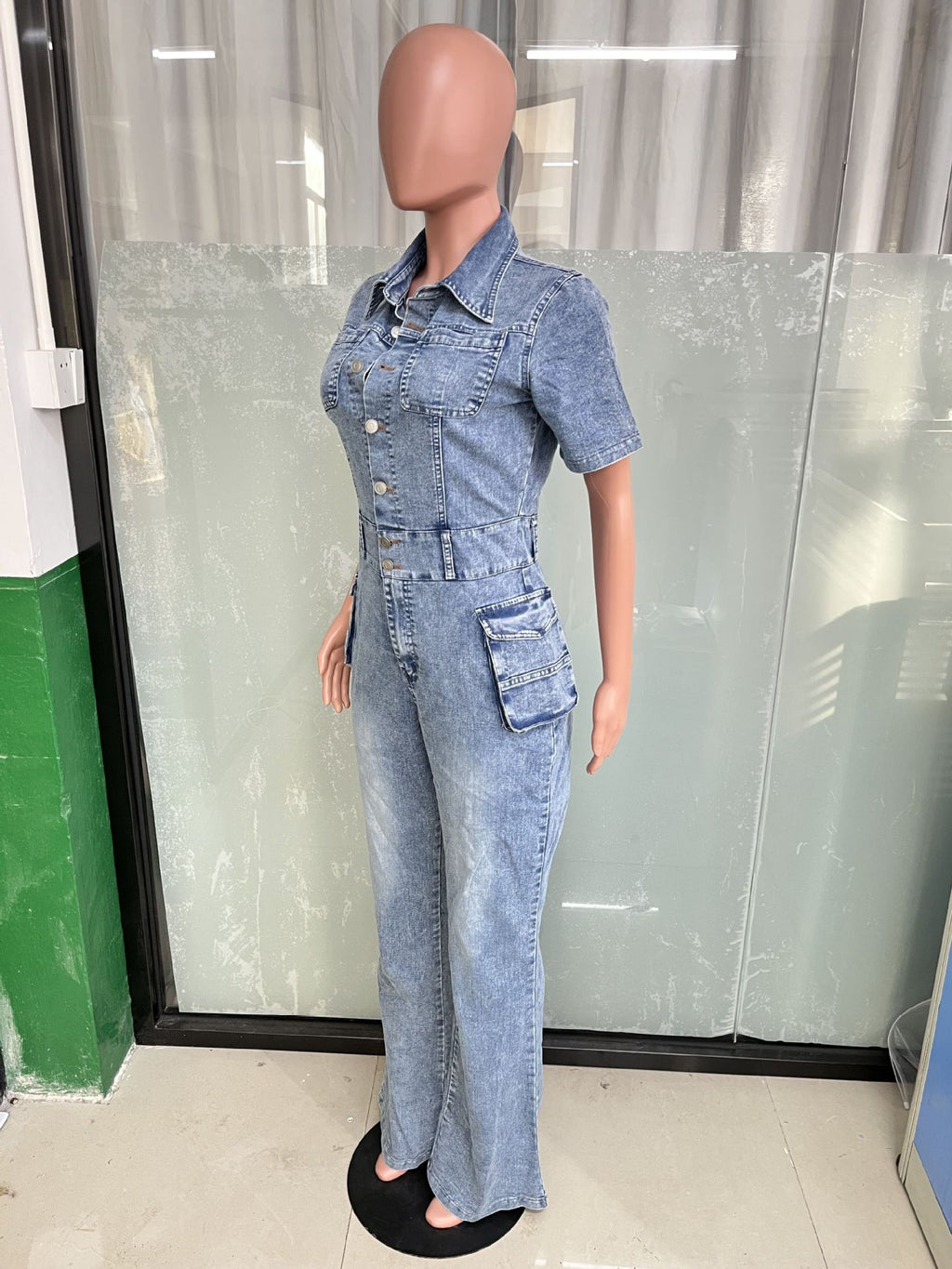 Waist Slim Elastic Fried Floral Wash Denim Jumpsuit Jumpsuit Bell Bottom Pants