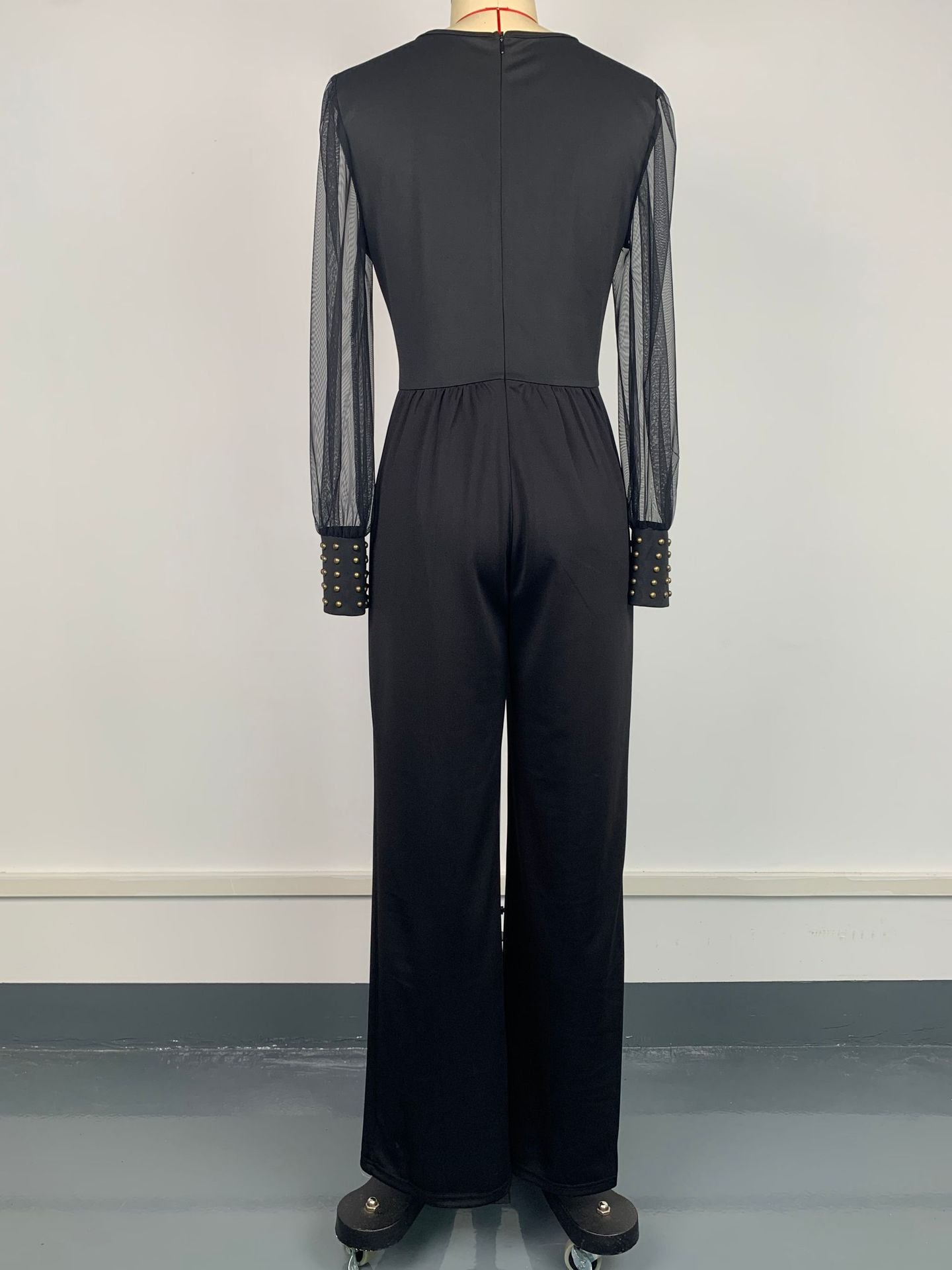 Women Wear V neck Mesh Stitching Rivet Long Sleeve Loose Jumpsuit Women Clothing