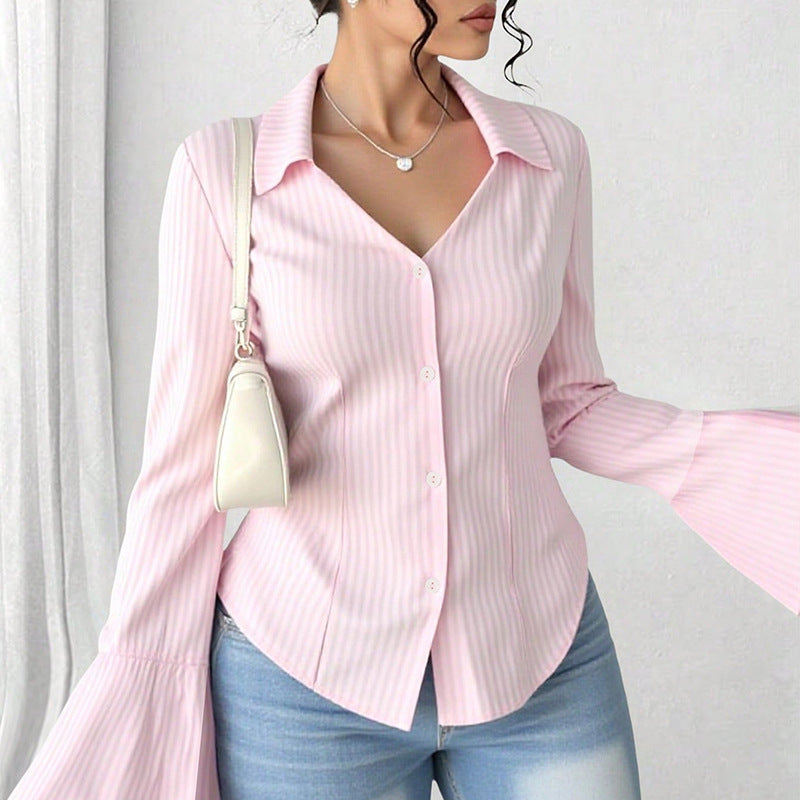 Sexy Slim Fit Long Sleeved Shirt Women Autumn French Cinched Blouse Elegant Top