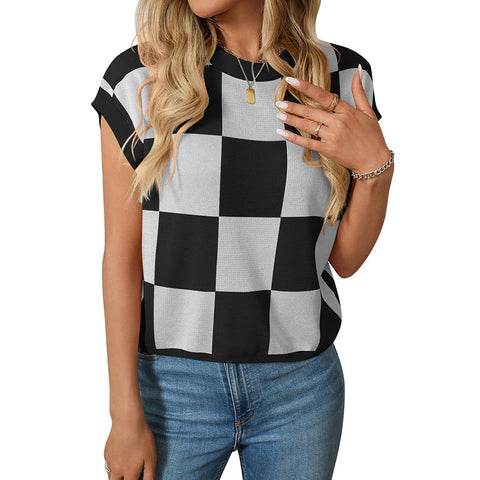 Summer Sleeve Block round Neck Plaid