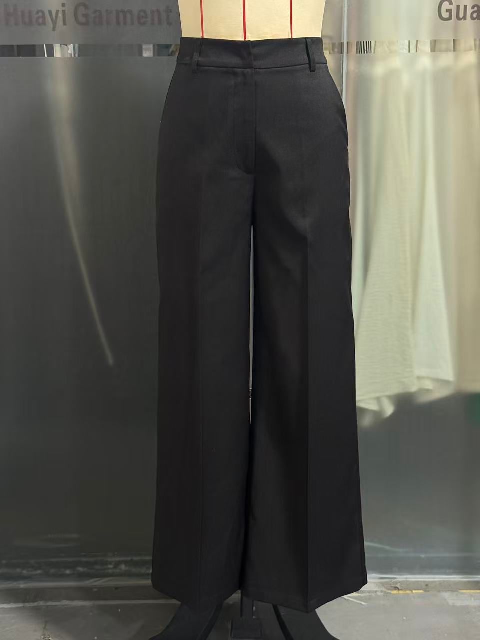 Straight High Waist Casual Women Work Pant Draping Small Wide Leg Design Maillard Black Pants