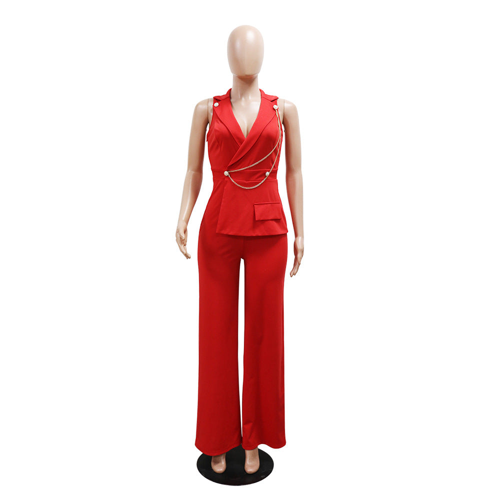 V neck Sexy Jumpsuit Chain Terms Casual Wide Leg for Women