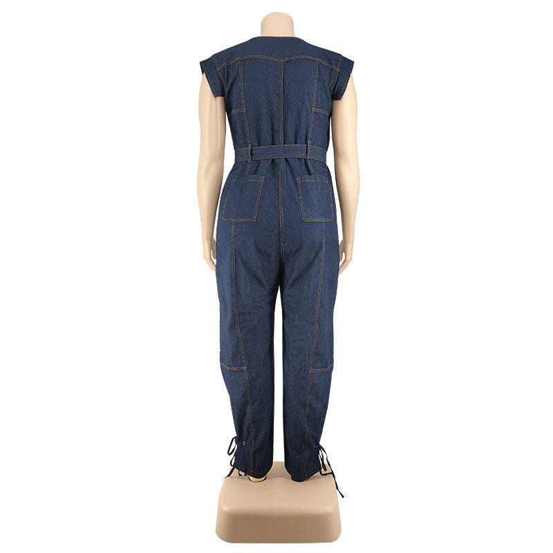 Plus Size Women Clothing Autumn New Denim Sleeve Wash Jumpsuit Trousers Sexy New
