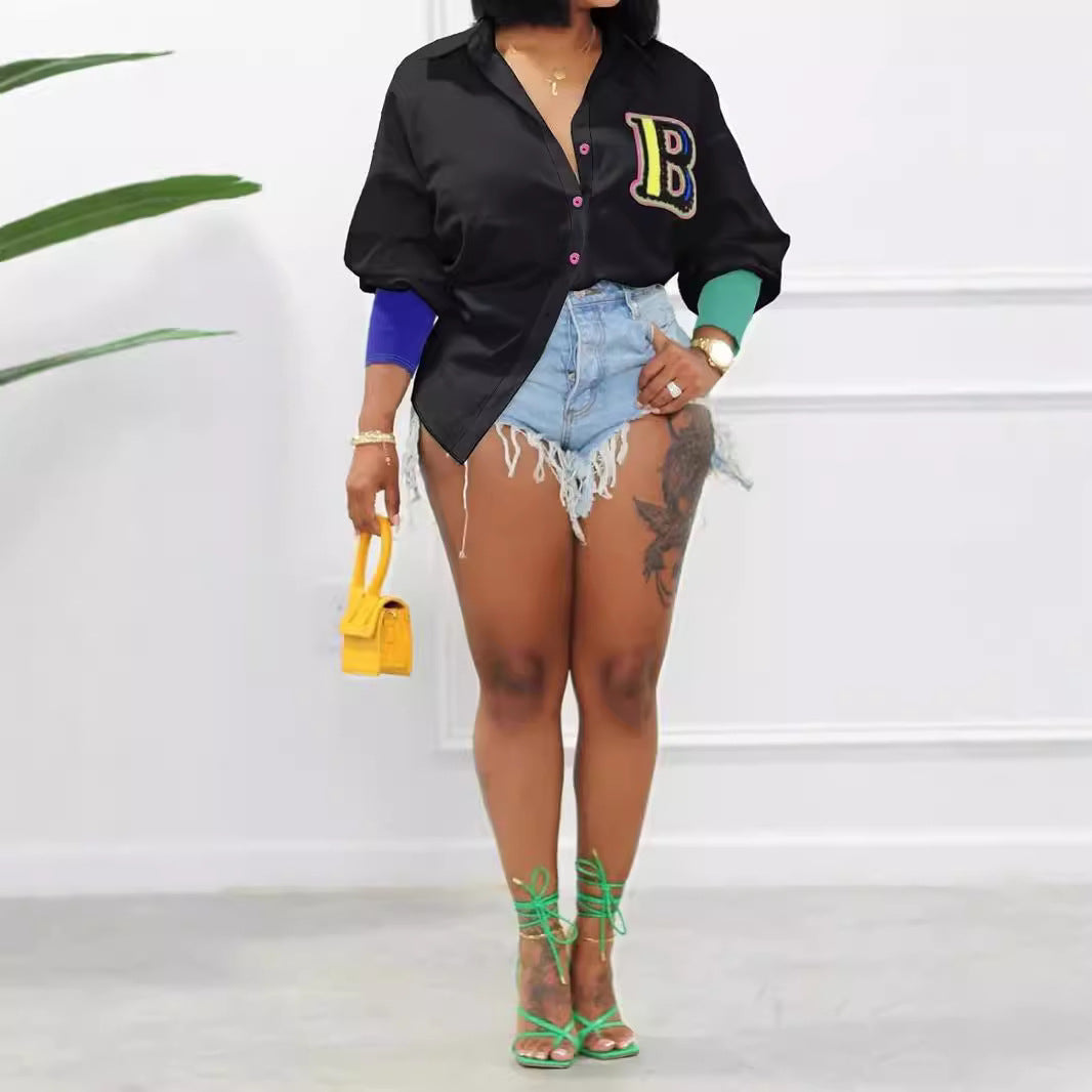 Plus Size Coat Autumn Spring Color Contrast Shirt Top