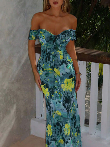 Herrera Sexy Printed Ruffled Spaghetti Straps Slim Slimming Dress
