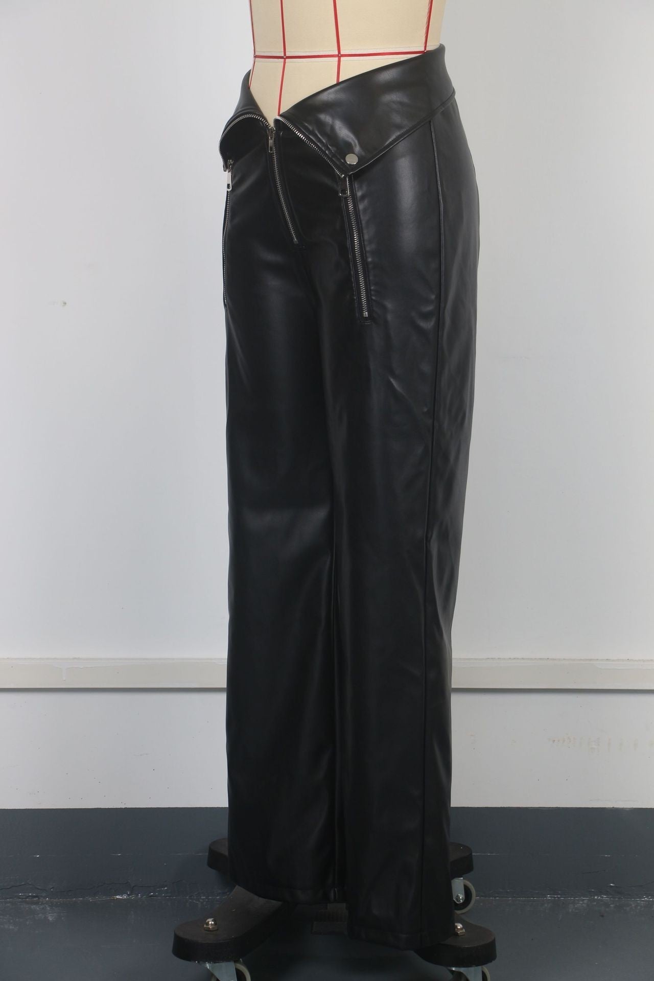 Women High Waist Trousers Faux Leather Nightclub Metal Zipper Straight Leather Pants Winter