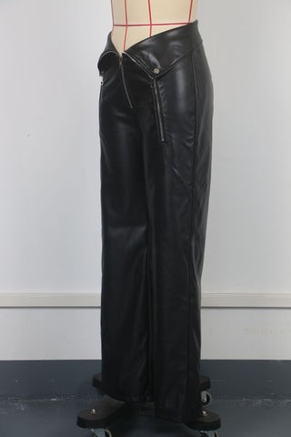 Women High Waist Trousers Faux Leather Nightclub Metal Zipper Straight Leather Pants Winter