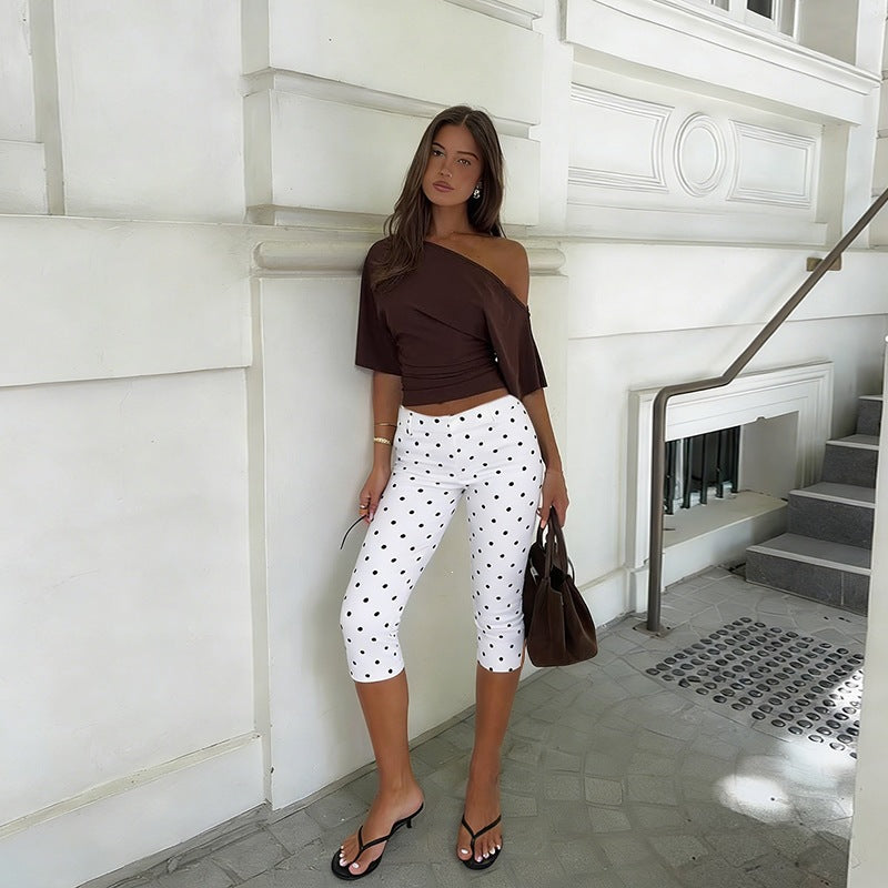 Polka Dot Printed Elegant Sports Casual Tight Cropped Pants