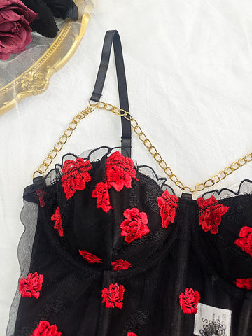 Sexy Corset Floral Steel Tube Embroidered