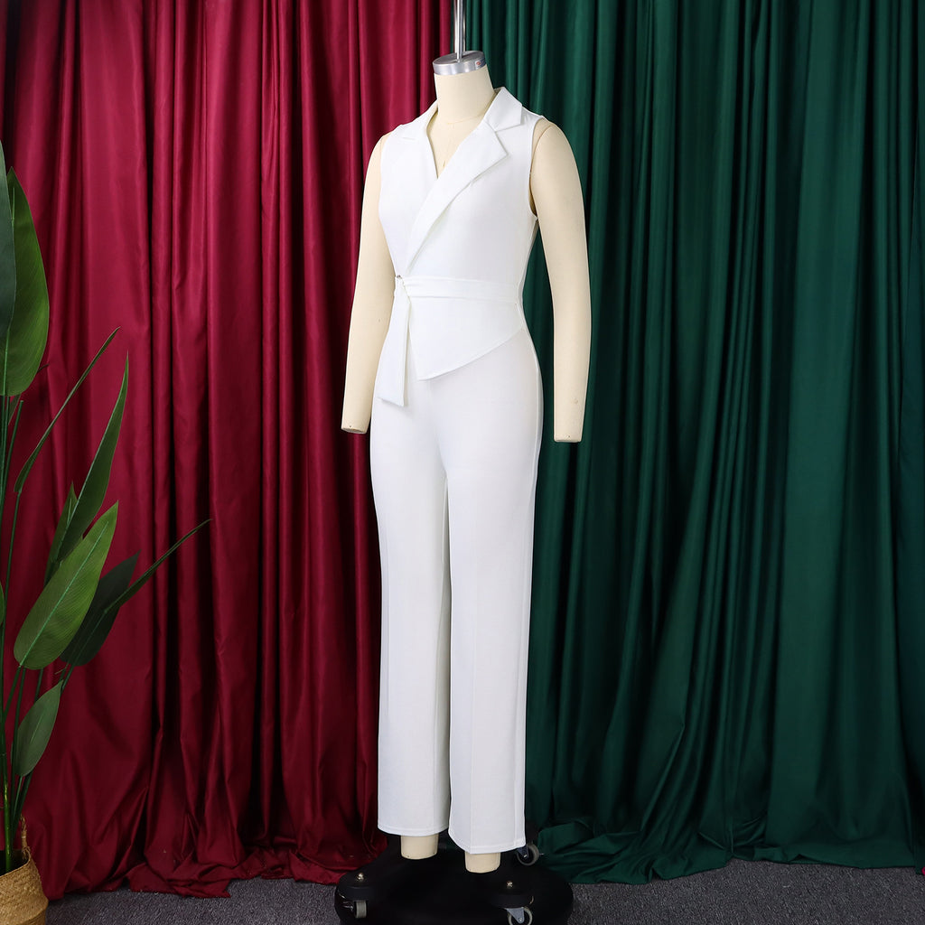 Summer Solid Color Sleeveless Collar Lace up Wide Leg Pants Jumpsuit