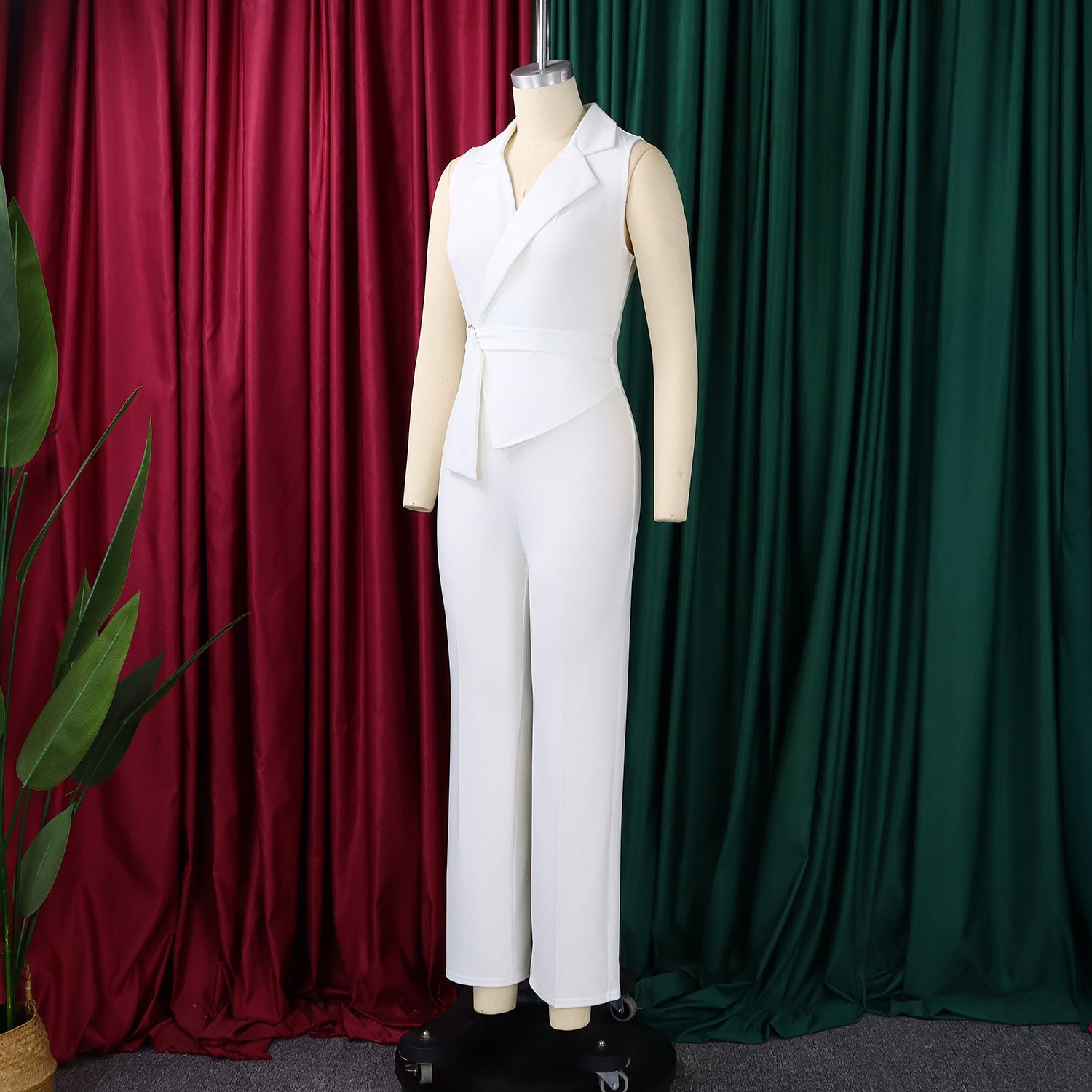 Summer Solid Color Sleeveless Collar Lace up Wide Leg Pants Jumpsuit