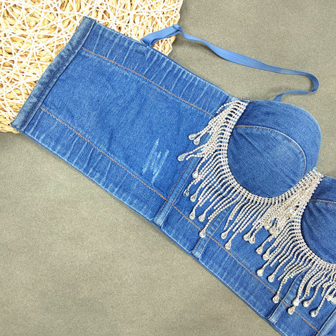 Slim Corset Stitching Rhinestone Tassel Beaded