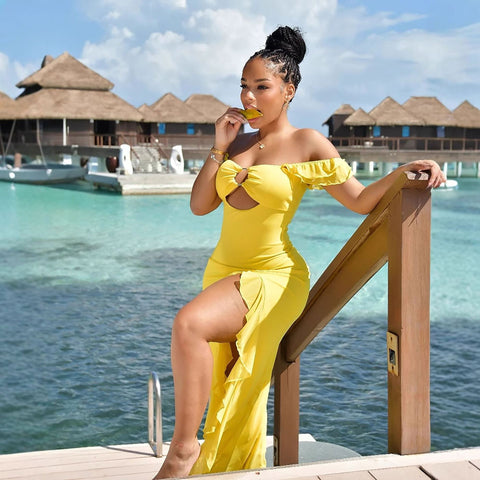 Waterfront Sexy off Shoulder Tube Top Hollow Out Cutout Slim Fit Slit Dress