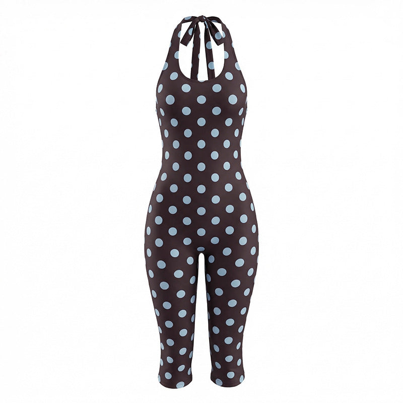 Women Clothing Summer Polka Dot Print Sleeveless Halter Tied Slim Fit Cropped Jumpsuit