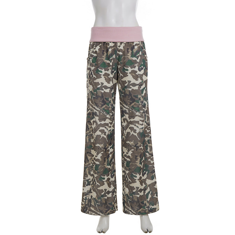 Retro Casual Camouflage Waist Contrast Color Trousers Women Street Sweet Spicy Loose Draggle Tail Straight Trousers