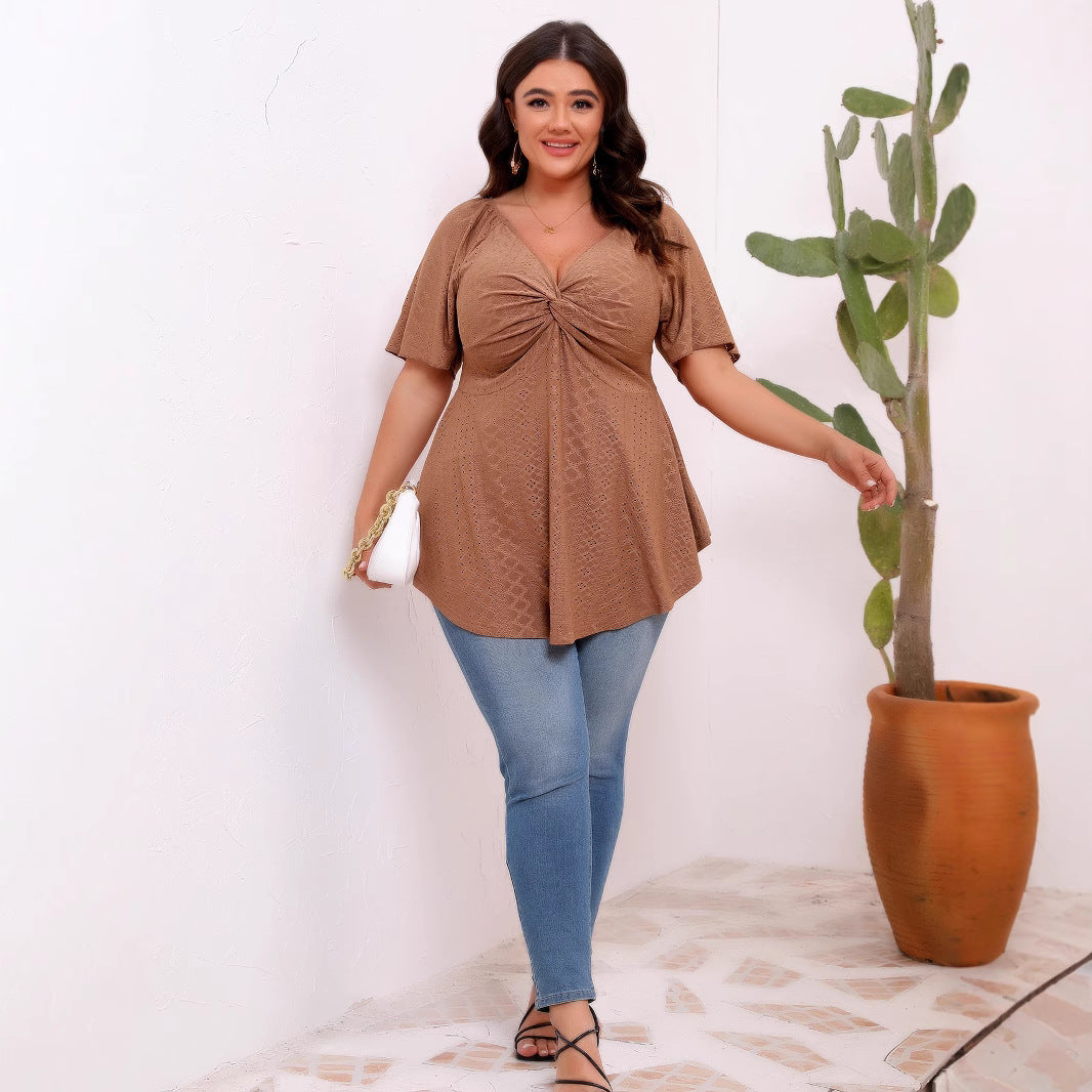 Plus Size Solid Color Hollow Out Cutout-out Front Chest Twisted Waist V-neck Short Sleeve Large Swing Top