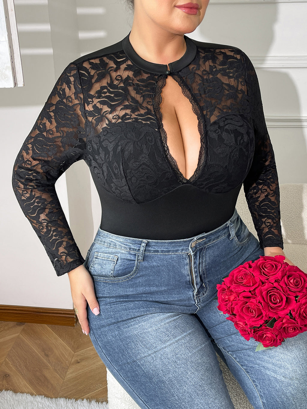 Plus Size Arrival Lace One Piece Underwear See through Sexy Open Crotch Jumpsuit Hollow Out Cutout out Outdoor All Matching