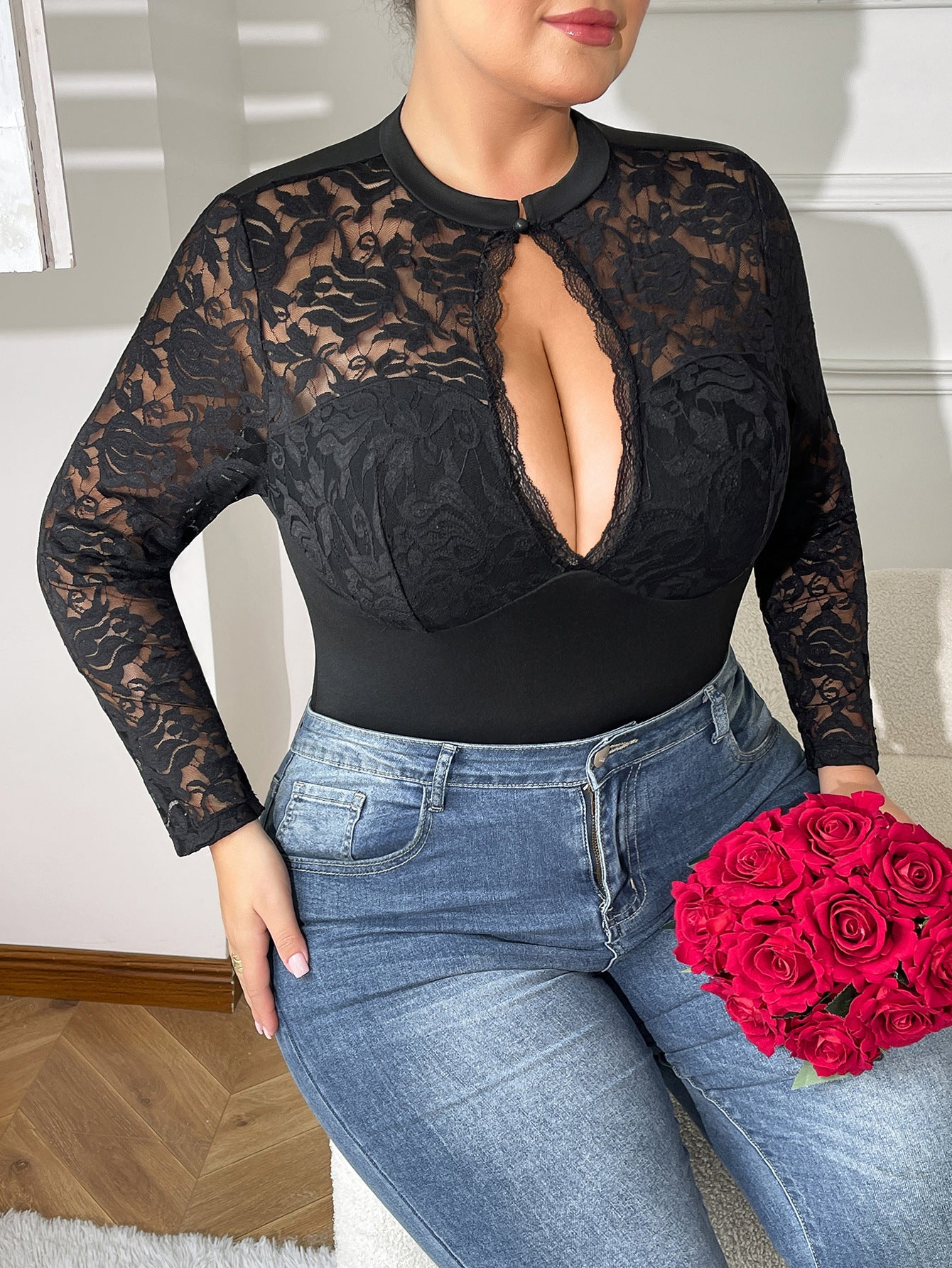 Plus Size Arrival Lace One Piece Underwear See through Sexy Open Crotch Jumpsuit Hollow Out Cutout out Outdoor All Matching