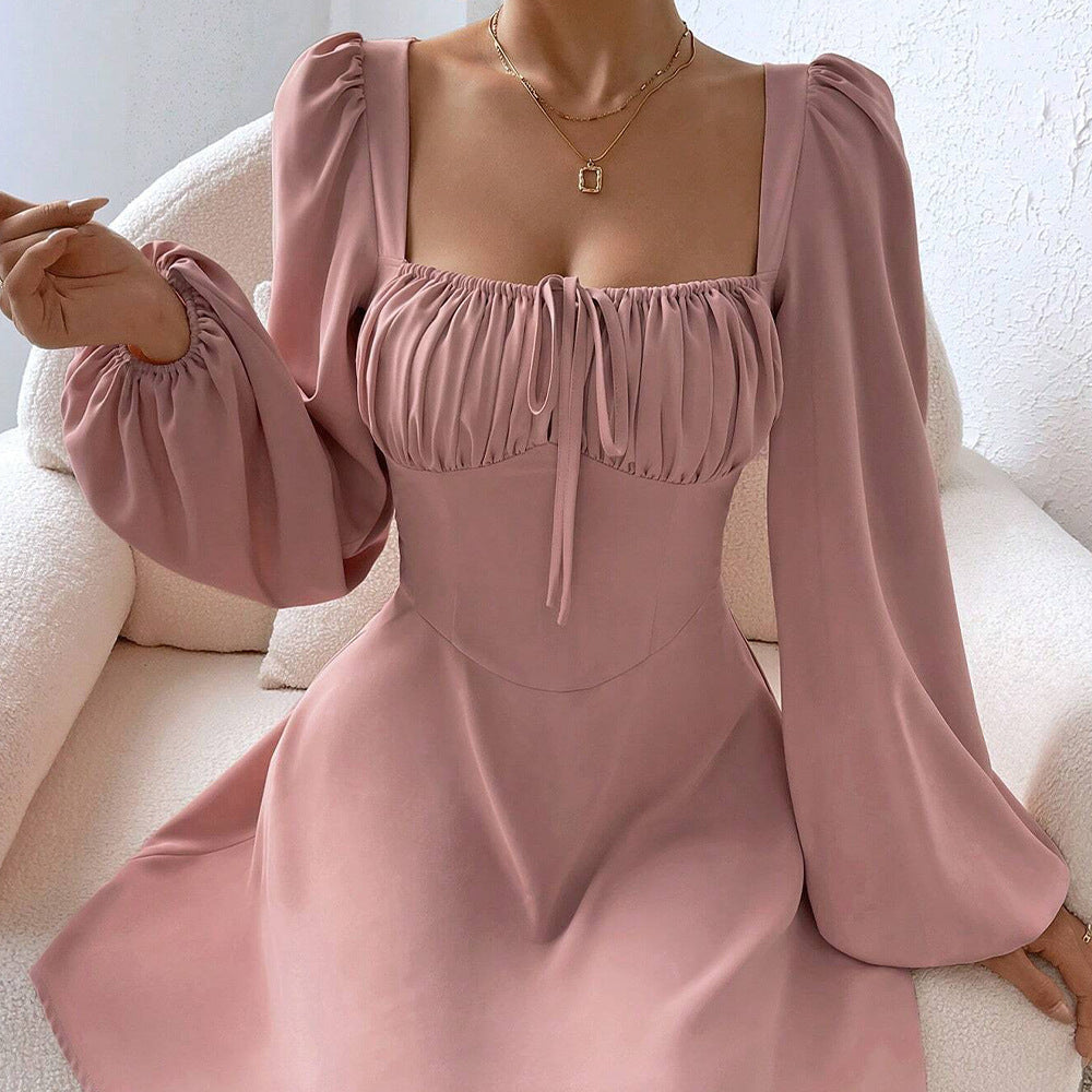 Palm Coast Waist Controlled Large Hem A line Puff Sleeve Square Collar Sweet Dress