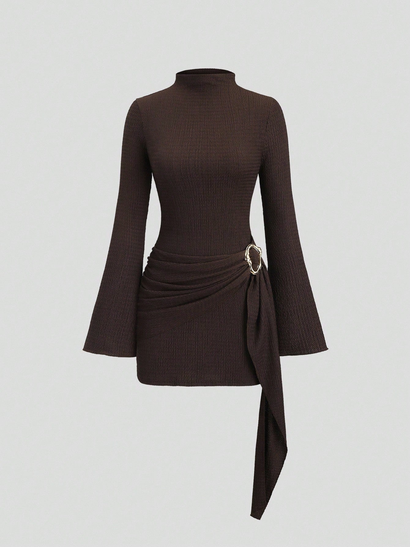 La Romana Spring Knitted Texture Solid Color Slim Slimming Metal Buckle Dress