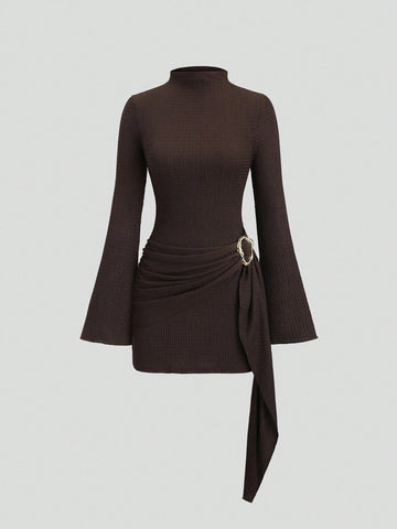 La Romana Spring Knitted Texture Solid Color Slim Slimming Metal Buckle Dress