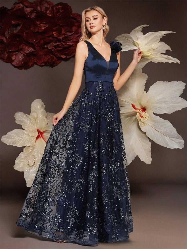 Nevada Deep V Plunge Embroidered Slim Fit Fishtail Bridesmaid Cocktail Dress