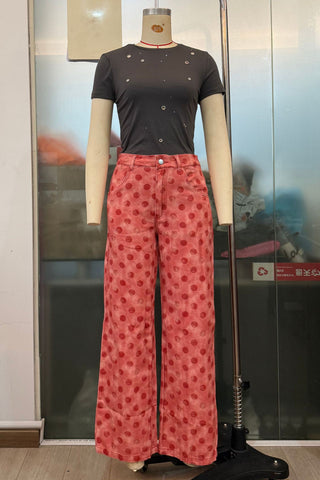 Millennium Jeans Casual All Matching Straight Pants High Waist Sweet Cool Polka Dot Denim Trousers for Women