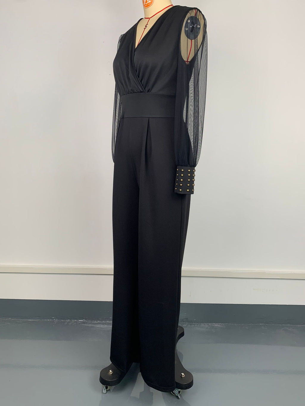 Women Wear V neck Mesh Stitching Rivet Long Sleeve Loose Jumpsuit Women Clothing