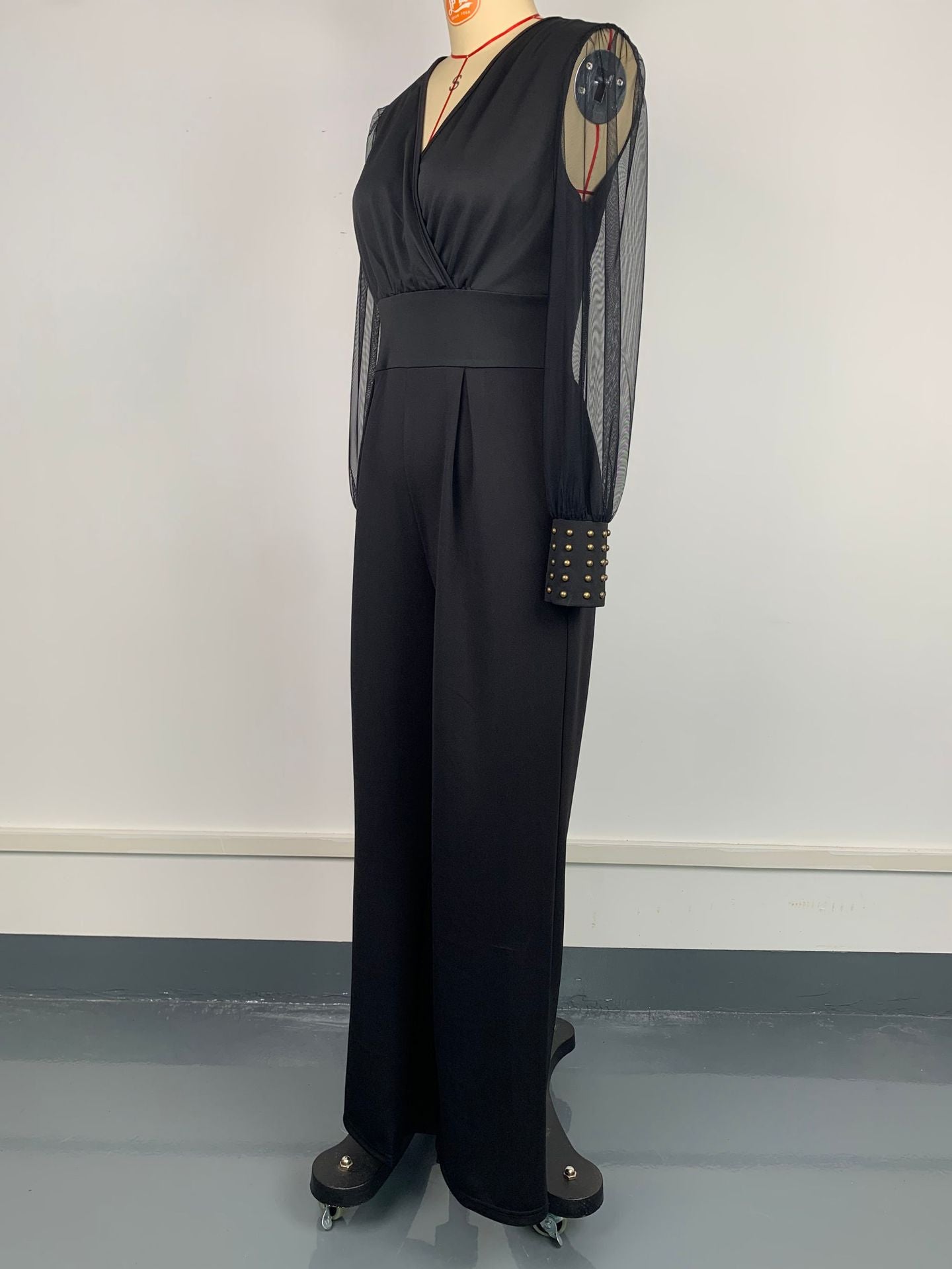 Women Wear V neck Mesh Stitching Rivet Long Sleeve Loose Jumpsuit Women Clothing