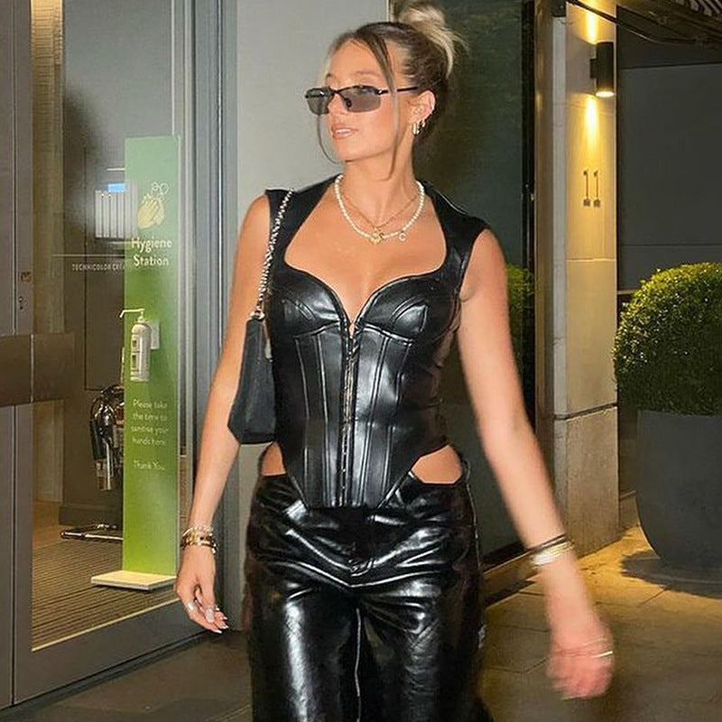 Sexy Leather Sleeveless Corset Club Women