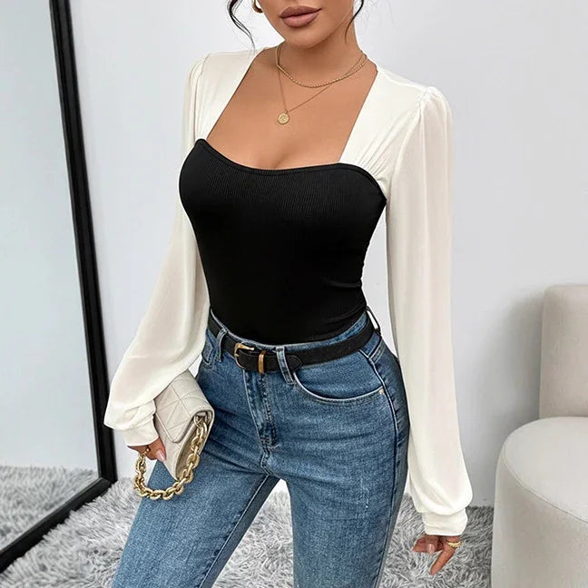 Westchester Knitting Long Sleeve Fall Slim Fit Contrast Colors Elegant Top